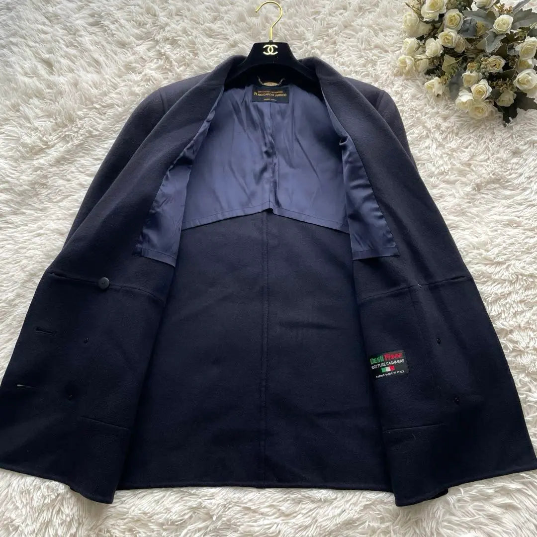 [100% pure cashmere] French coat high-quality double size 40 gold button dark navy blue