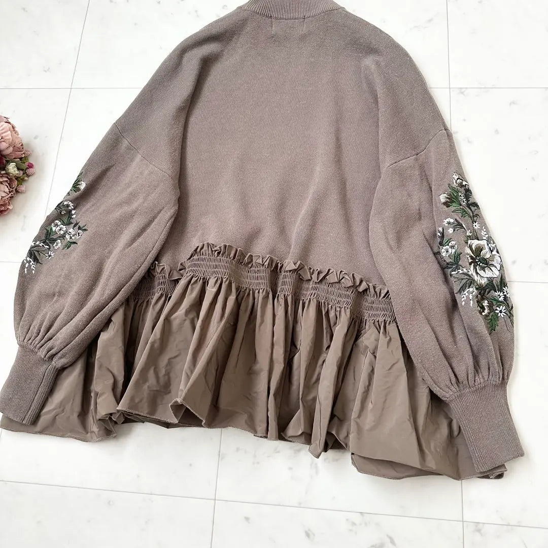 Popular ❤️CLANE Knit Flare Peplum Floral Embroidery Brown