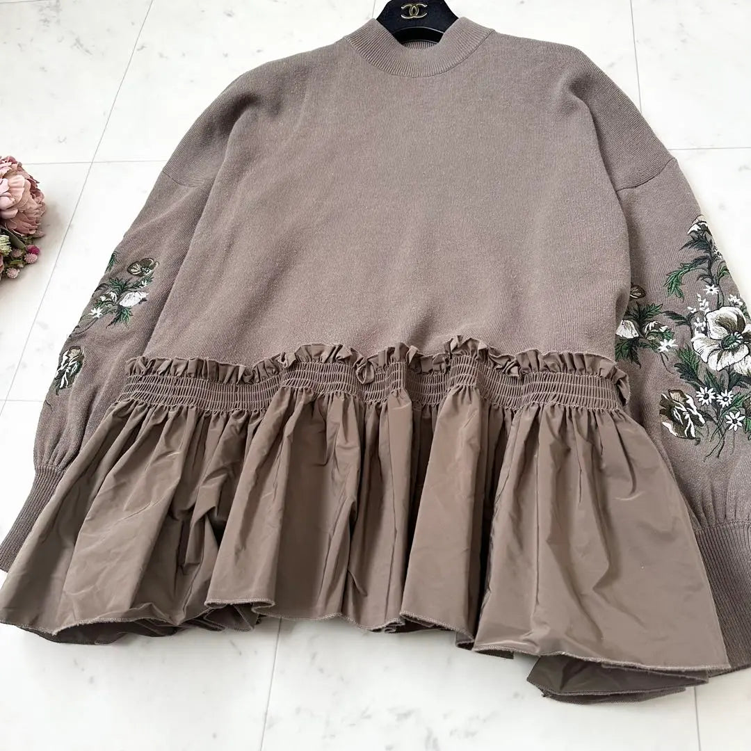 Popular ❤️CLANE Knit Flare Peplum Floral Embroidery Brown