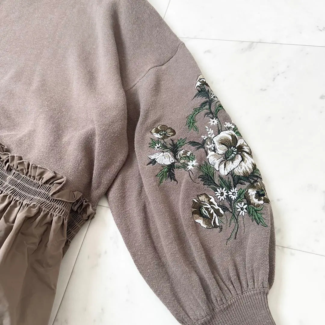 Popular ❤️CLANE Knit Flare Peplum Floral Embroidery Brown