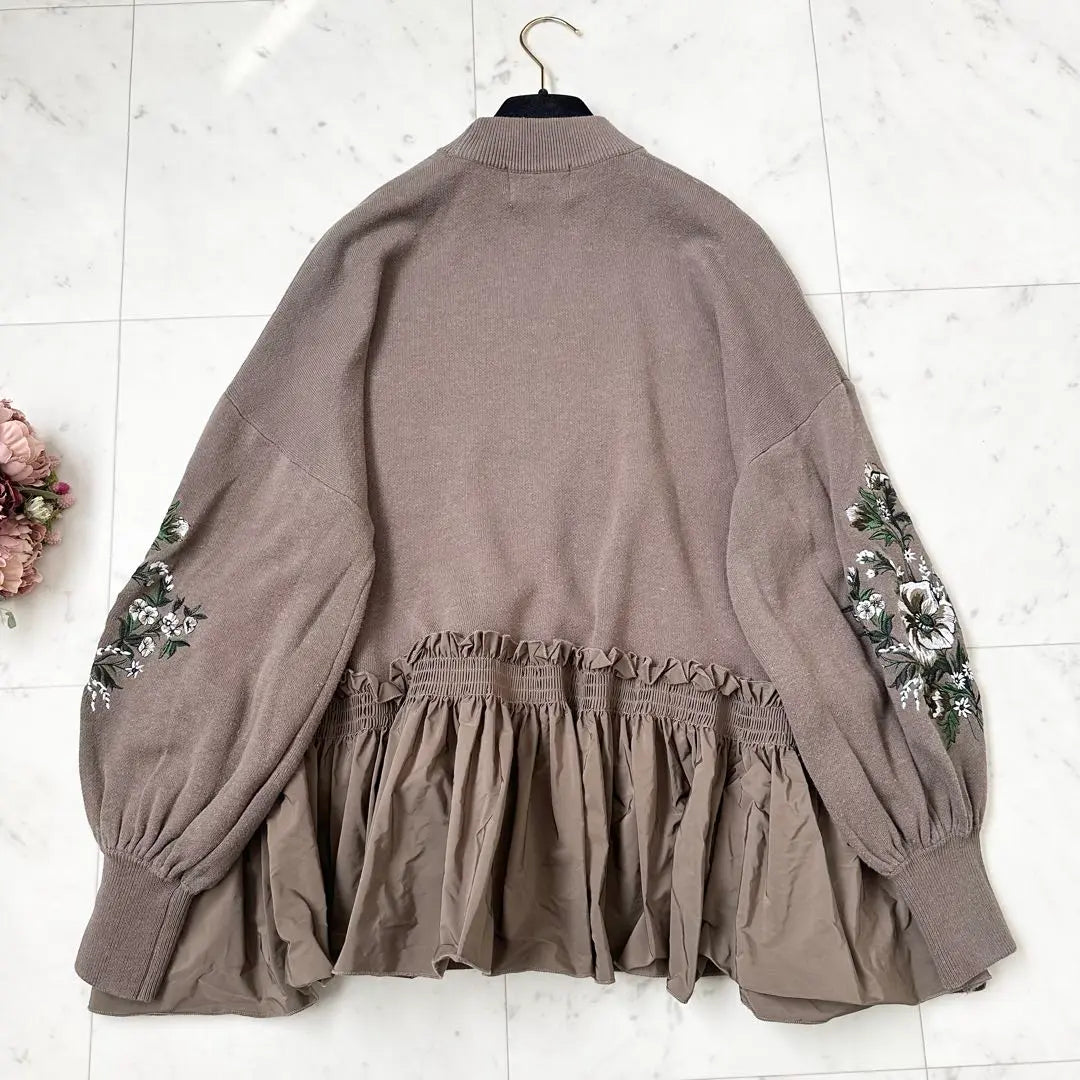 Popular ❤️CLANE Knit Flare Peplum Floral Embroidery Brown