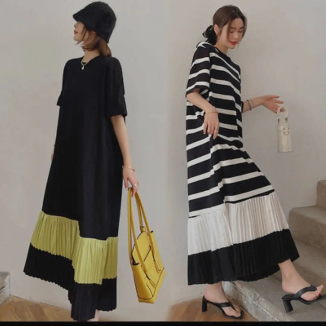 Long dress, pleated skirt, maxi length, border, monochrome, border