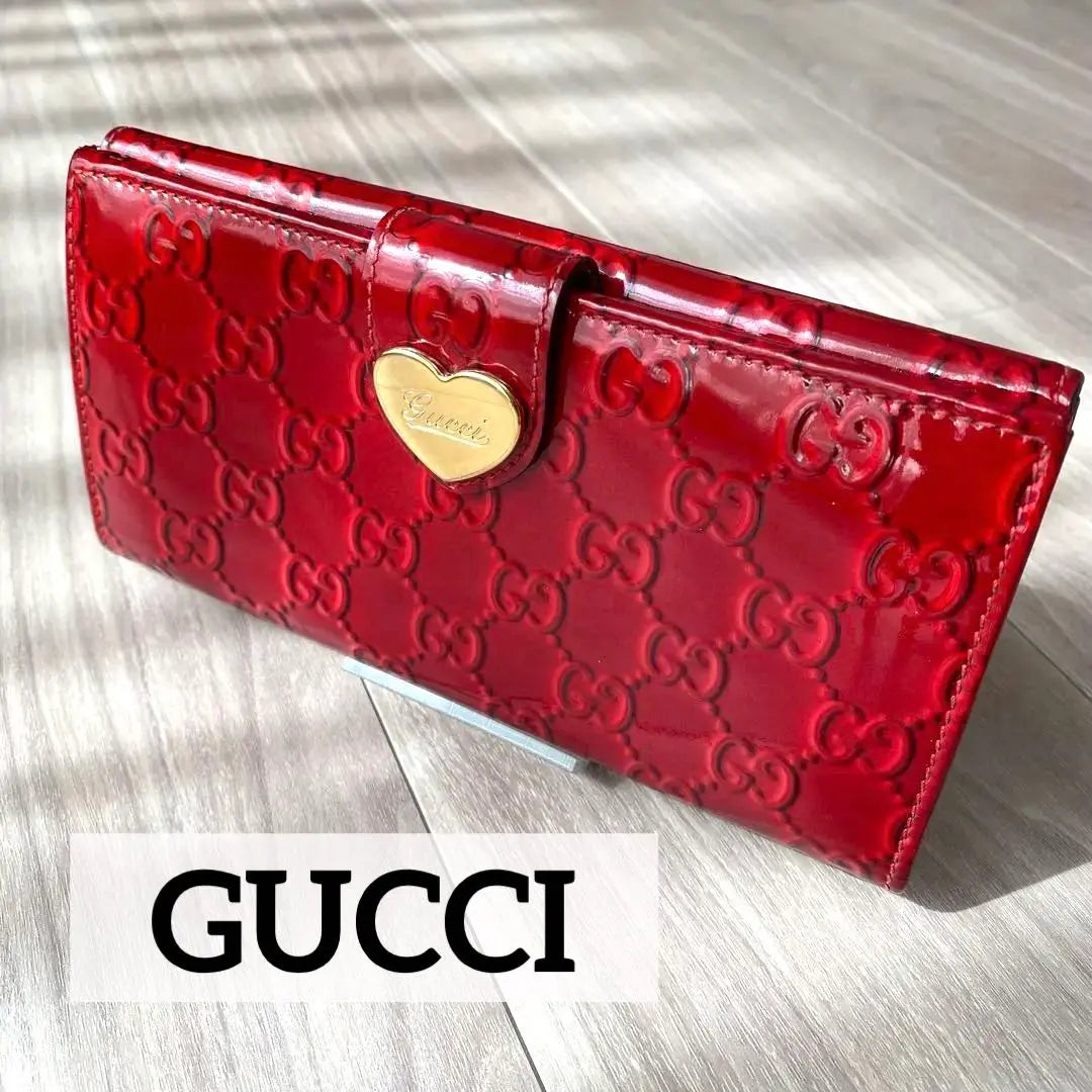 ◆Good condition◎ GUCCI GG Lovely Heart Red Enamel Long Wallet