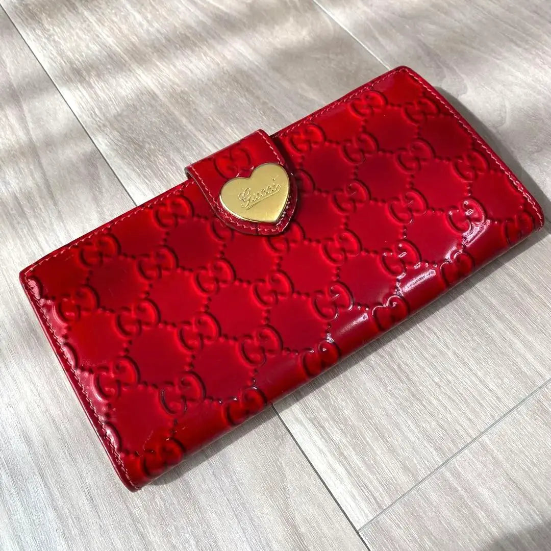 ◆Good condition◎ GUCCI GG Lovely Heart Red Enamel Long Wallet