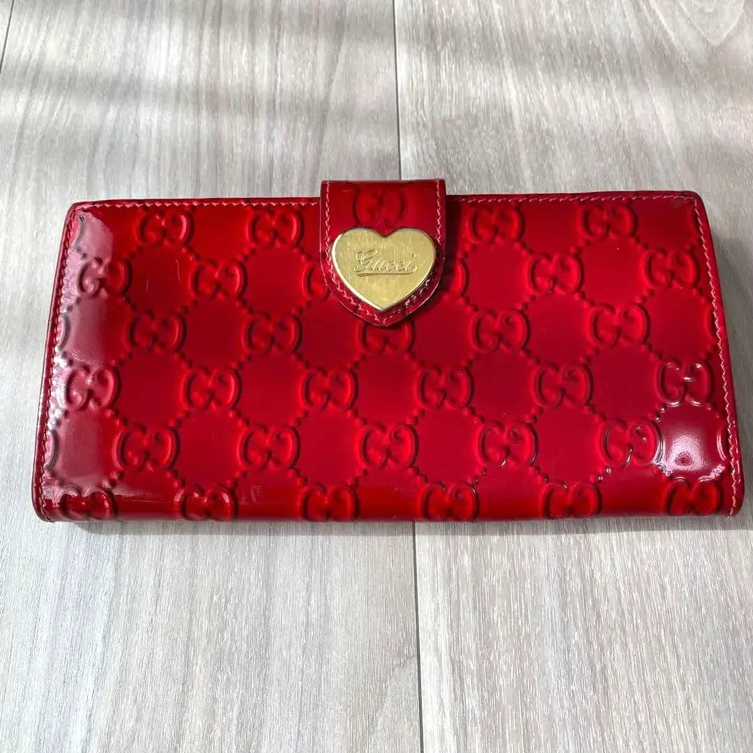 ◆Good condition◎ GUCCI GG Lovely Heart Red Enamel Long Wallet