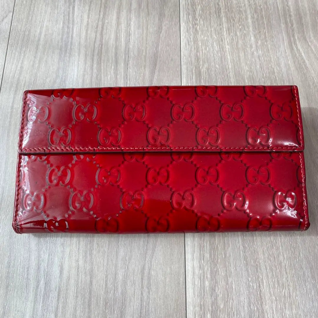 ◆Good condition◎ GUCCI GG Lovely Heart Red Enamel Long Wallet