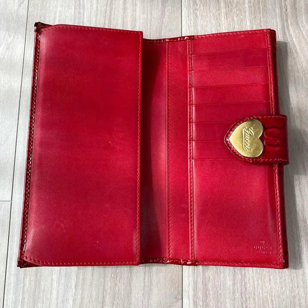 ◆Good condition◎ GUCCI GG Lovely Heart Red Enamel Long Wallet