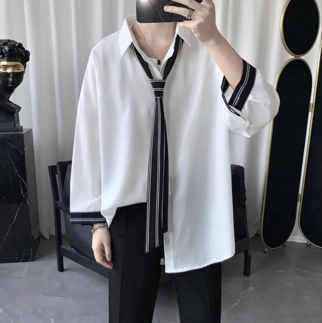 New striped tie shirt top men's mode Korean autumn clothes