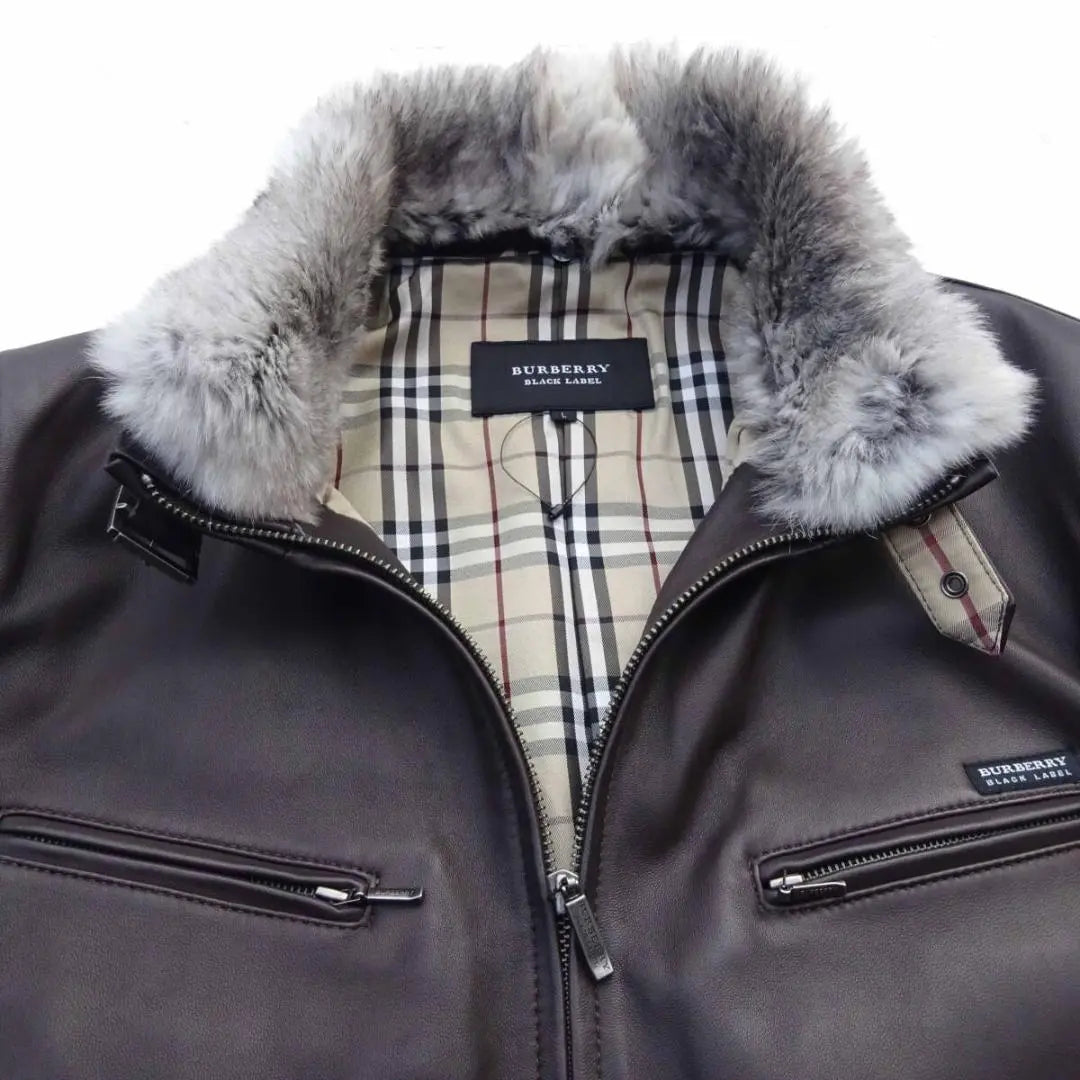 Burberry Black Label Riders Jacket Coat Sheepskin Leather Fur Check L