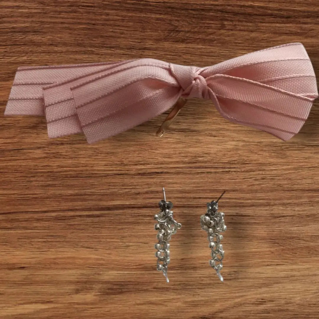 Handmade earrings, silver & pink ribbon, pony hook, hair cuff, 2-piece set