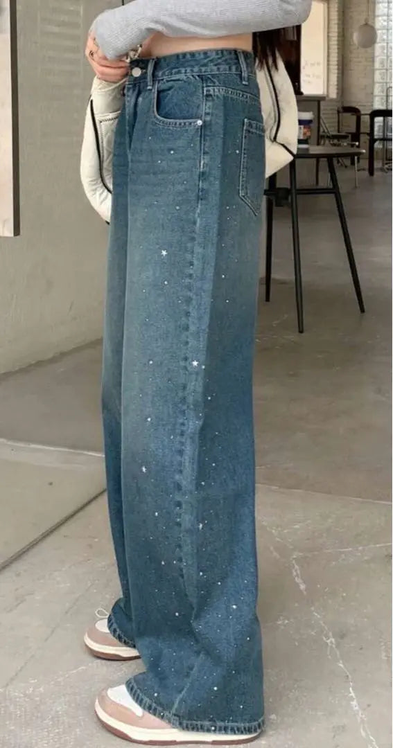 Beaded Decoration Dark Blue Wide Leg Denim Pants