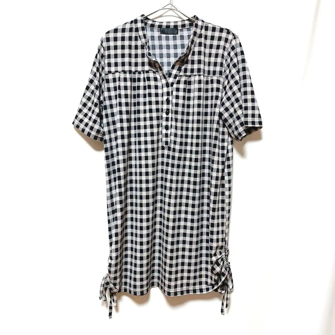 855 Gingham Check Pattern Tunic Top Black and White Body Covering Loose