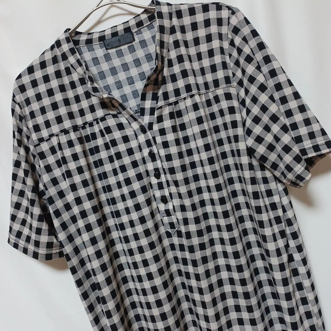 855 Gingham Check Pattern Tunic Top Black and White Body Covering Loose