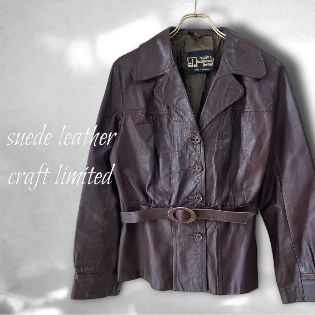 [Leather coat] Brown Vintage Leather Mid-length Waist belt Button L