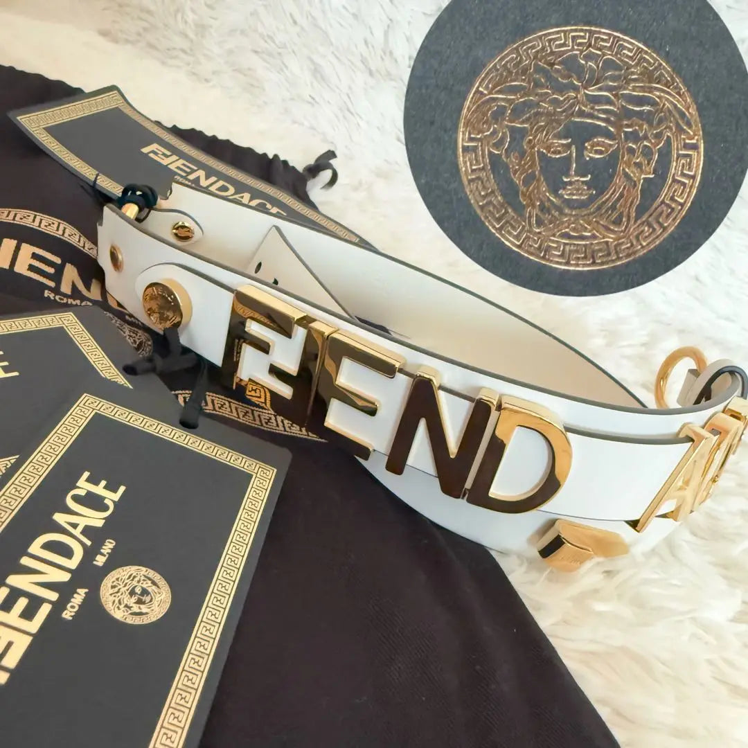 Unused ✨Fendi x Versace Collaboration Fender Che Belt Gold Cowhide