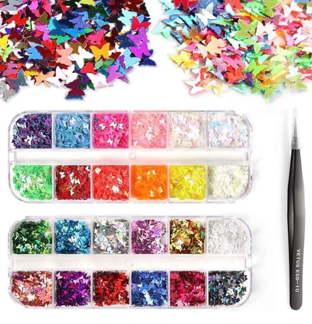 ⭐️Nail parts Butterfly 24 color ultra -thin nail art kit with one piece | ⭐️ ネイルパーツ　蝶　24色　極薄　ネイルアートキット　ピンセット１本付き