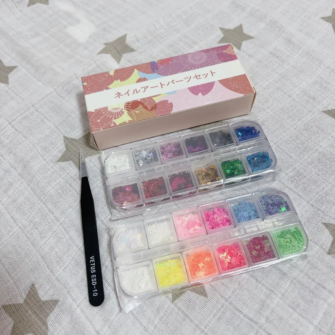 ⭐️Nail parts Butterfly 24 color ultra -thin nail art kit with one piece | ⭐️ ネイルパーツ　蝶　24色　極薄　ネイルアートキット　ピンセット１本付き