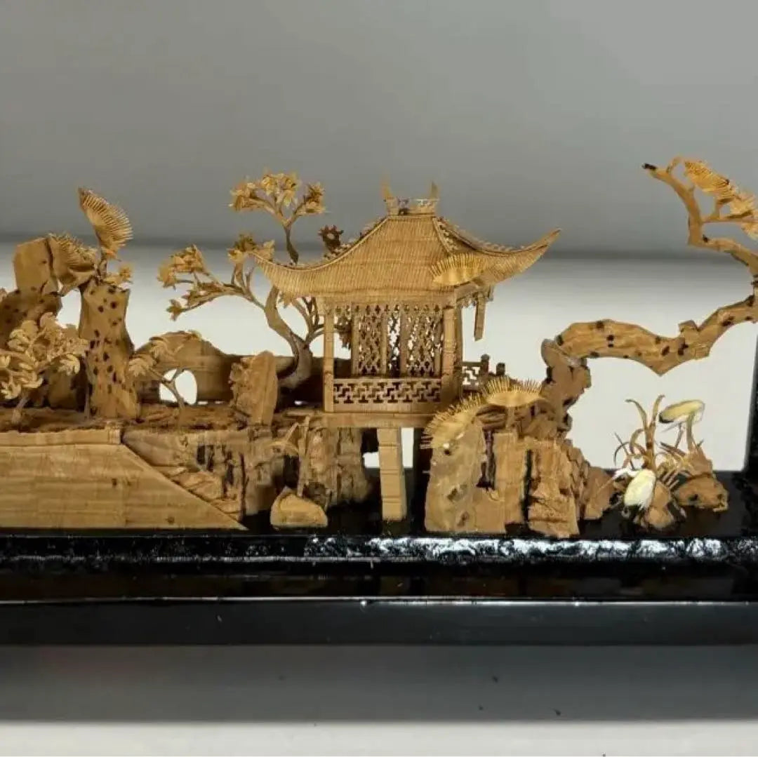 Escultura de arte de corcho vintage Diorama Pagoda Japonesa Asiática Madera Hecha a Mano