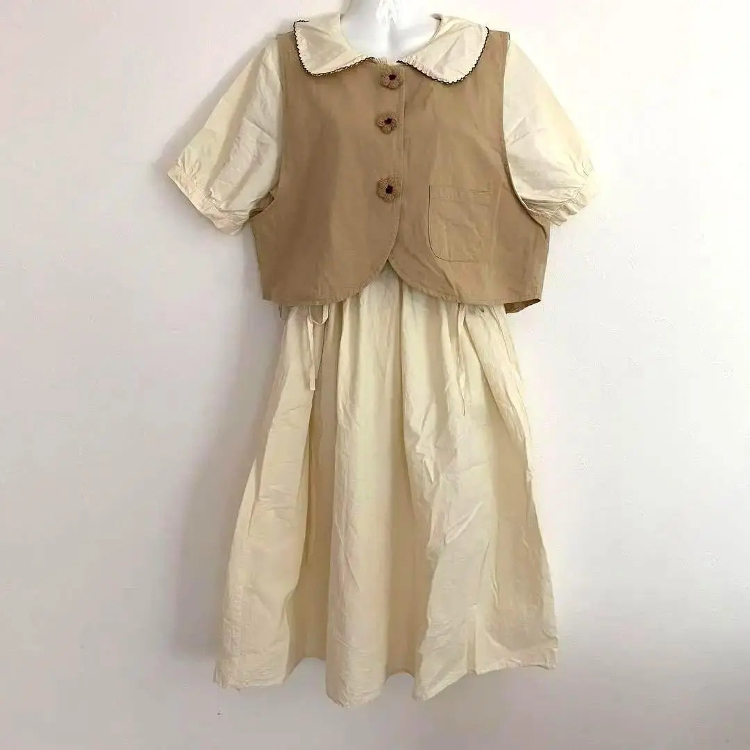 YAYI♡Handmade, embroidered dress with vest, short sleeves, knee length dress