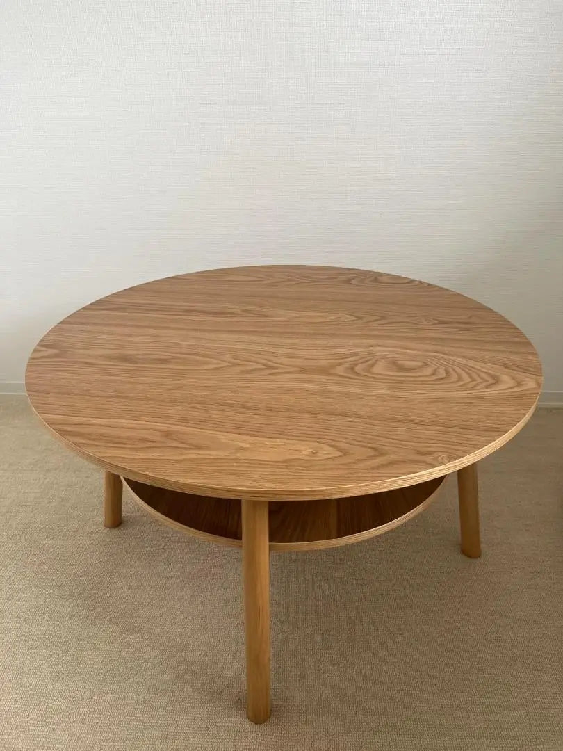 Multifunctional natural wood center table Japanese style round low table with shelf