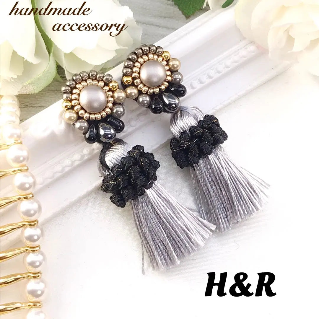 845 Handmade Earrings Beaded Embroidered Grey Black Tassel