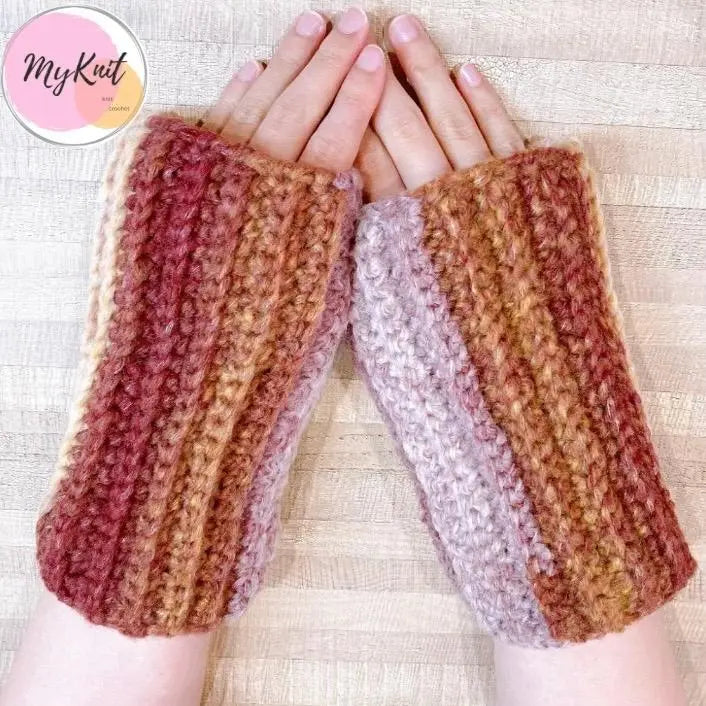 112 Hand warmer, red brown, hand knit, feather touch, handmade