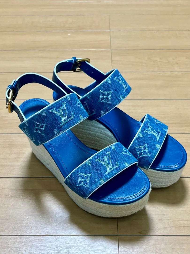 LV Louis Vuitton Denim Sandals Wedge Sole Starboard Line 37