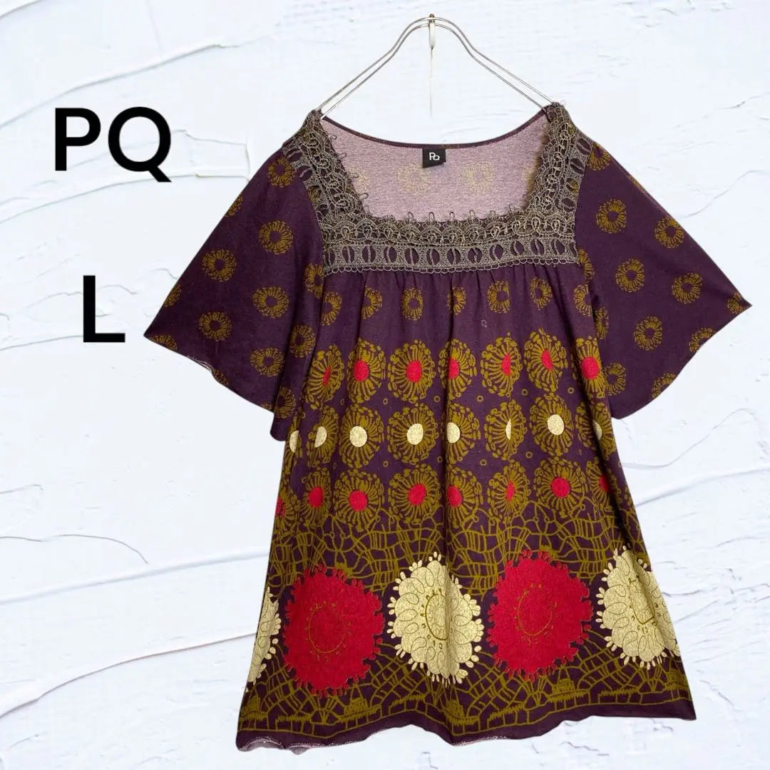 PQ Lace Tunic L Short Sleeve Purple Loose