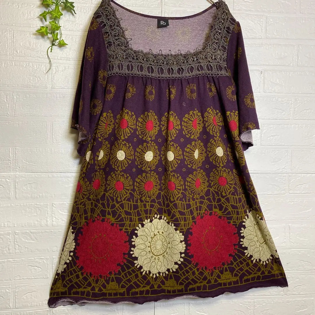 PQ Lace Tunic L Short Sleeve Purple Loose