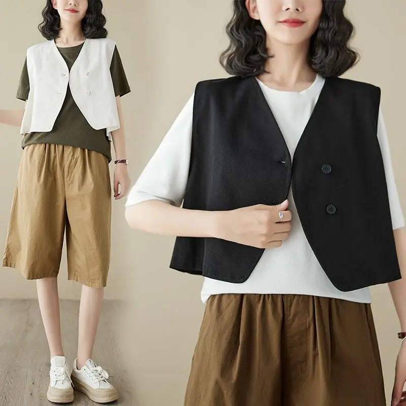 Highly stylish plain vest vest top simple button V-shaped collar