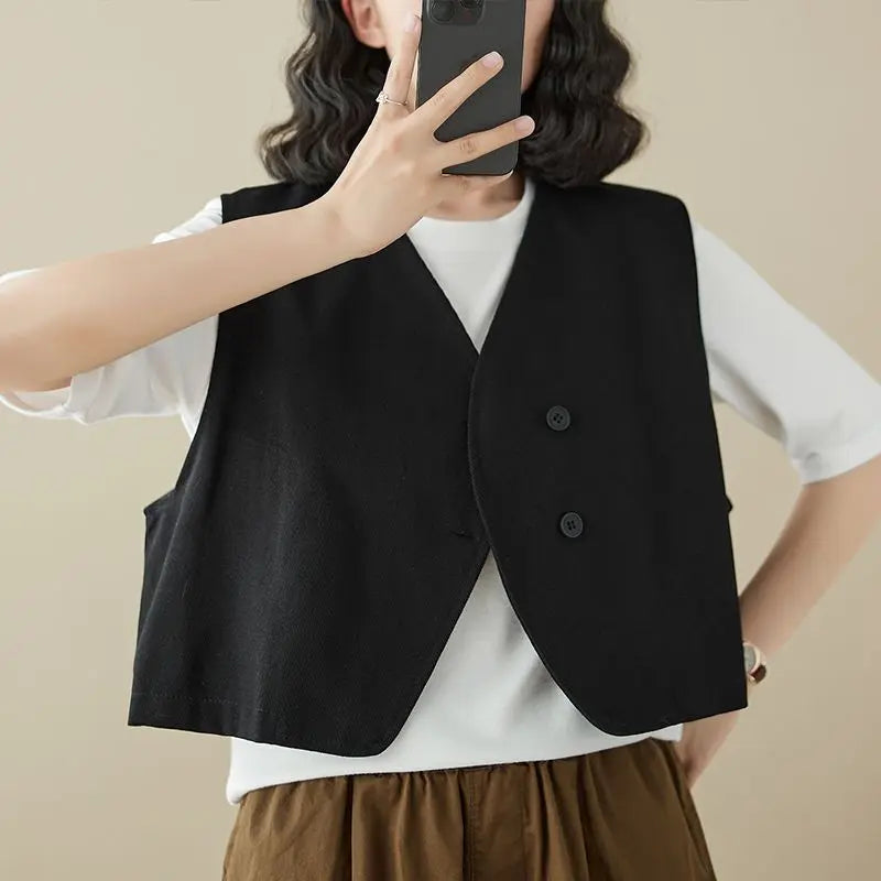 Highly stylish plain vest vest top simple button V-shaped collar