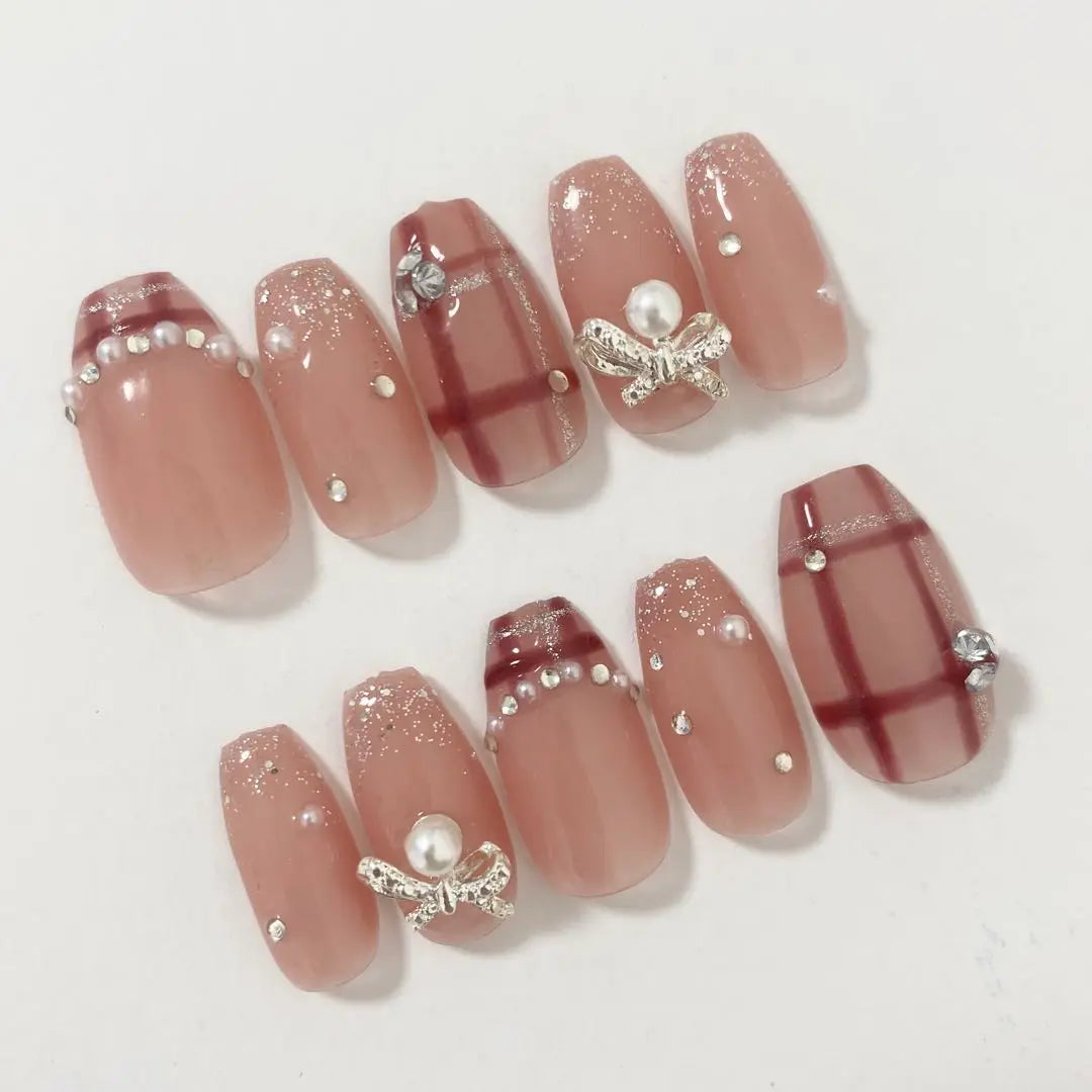 [Order] Nail tip, tweed check, pink sparkling ribbon, French glitter, grey grey grey