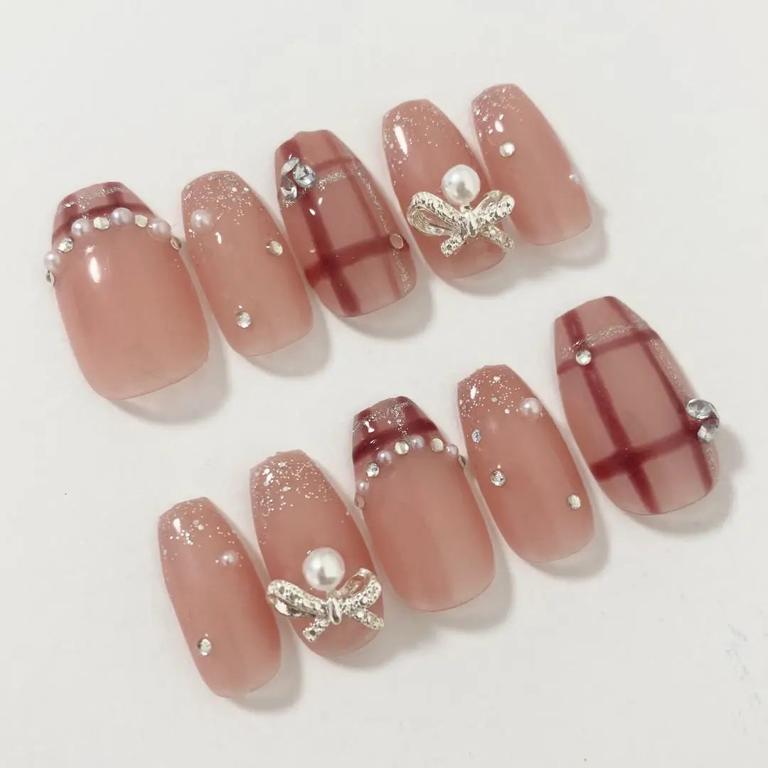 [Order] Nail tip, tweed check, pink sparkling ribbon, French glitter, grey grey grey