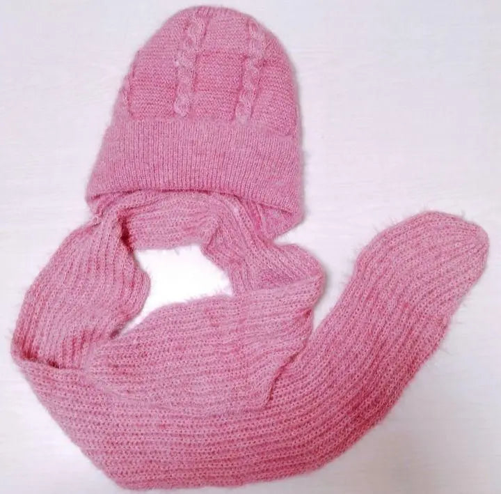 ✨Knitted hat, fleece lined, pink, with scarf, thick windproof snow cap