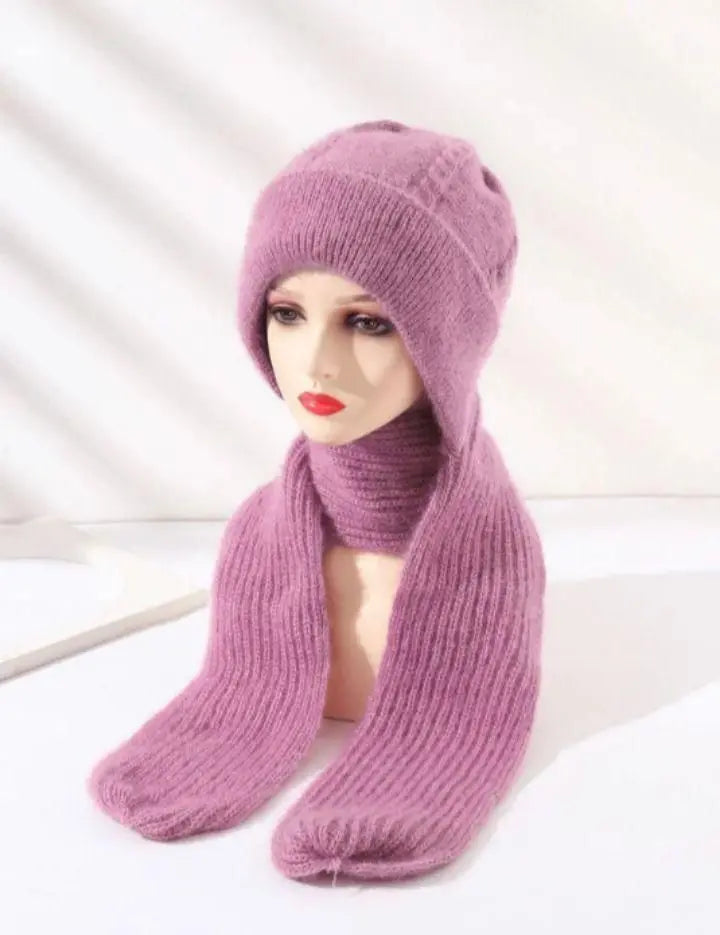 ✨Knitted hat, fleece lined, pink, with scarf, thick windproof snow cap