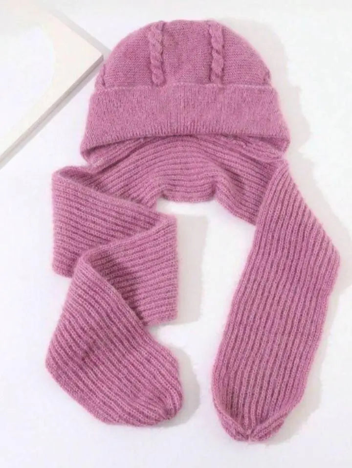 ✨Knitted hat, fleece lined, pink, with scarf, thick windproof snow cap