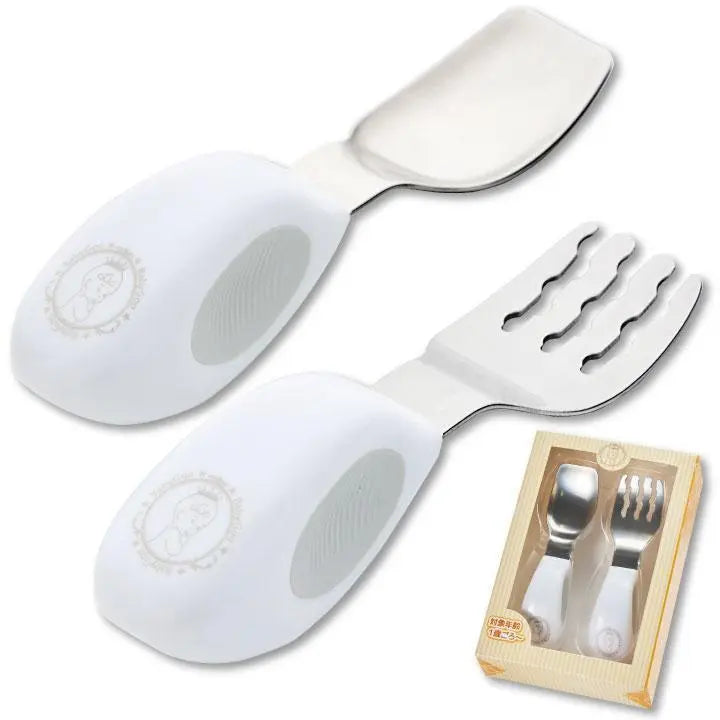 Juego de cubiertos para bebé, cuchara, tenedor y comida para bebé, color blanco BC62