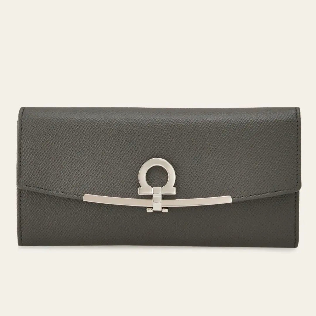 [New] Ferragamo Gray Leather Long Wallet