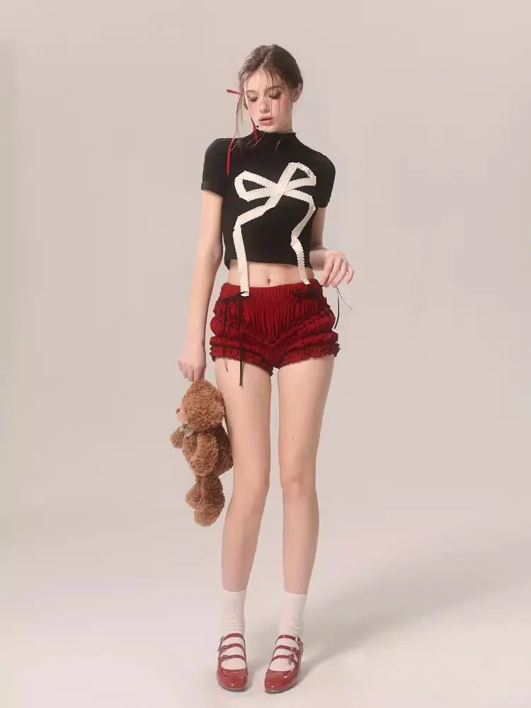 Short length ladies [New ☆] Knit with ribbon T -shirt black girly