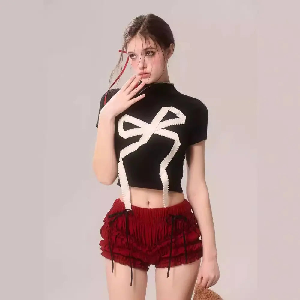 Short length ladies [New ☆] Knit with ribbon T -shirt black girly