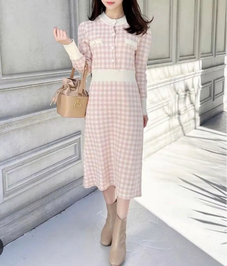 ♡MIIA♡Checked knit dress pink spring knit dress