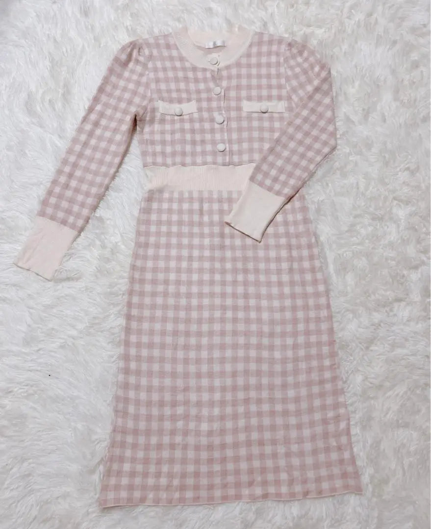 ♡MIIA♡Checked knit dress pink spring knit dress