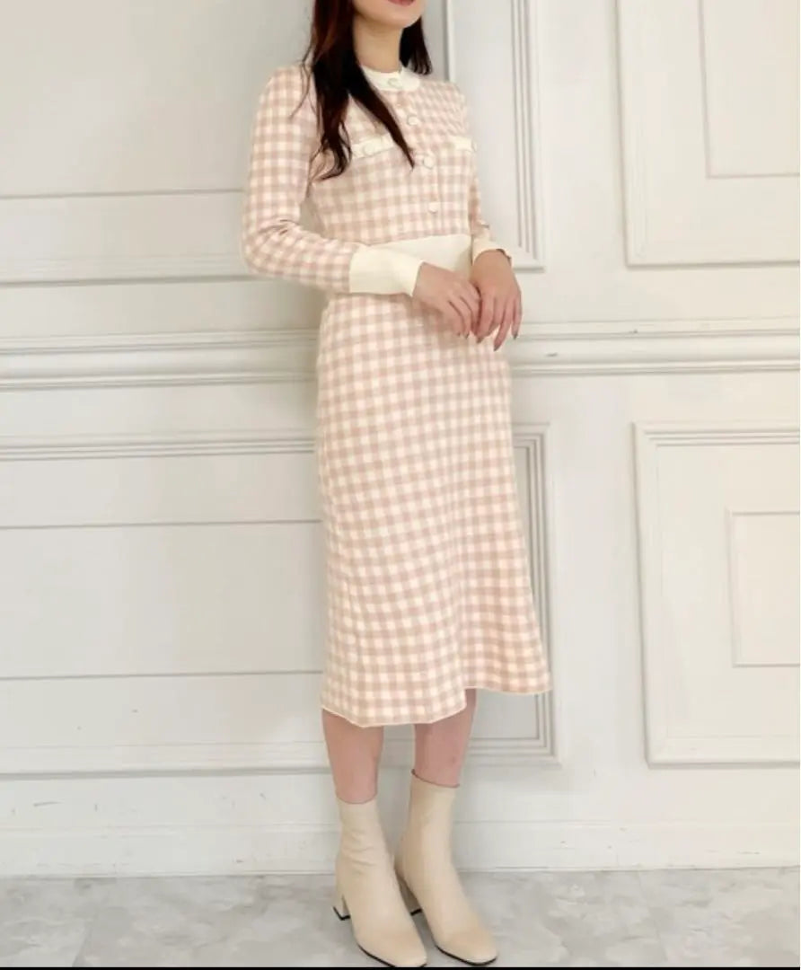 ♡MIIA♡Checked knit dress pink spring knit dress