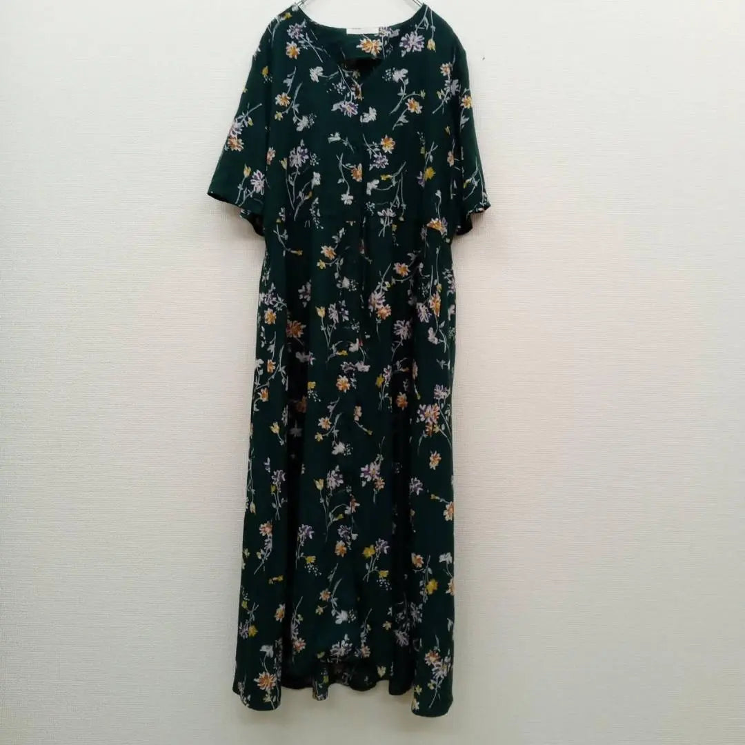 Chocolafine Robe (F) Long Flare dress * Flower pattern total pattern * Shirt dress * Green