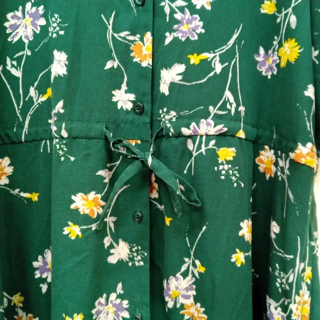 Chocolafine Robe (F) Long Flare dress * Flower pattern total pattern * Shirt dress * Green