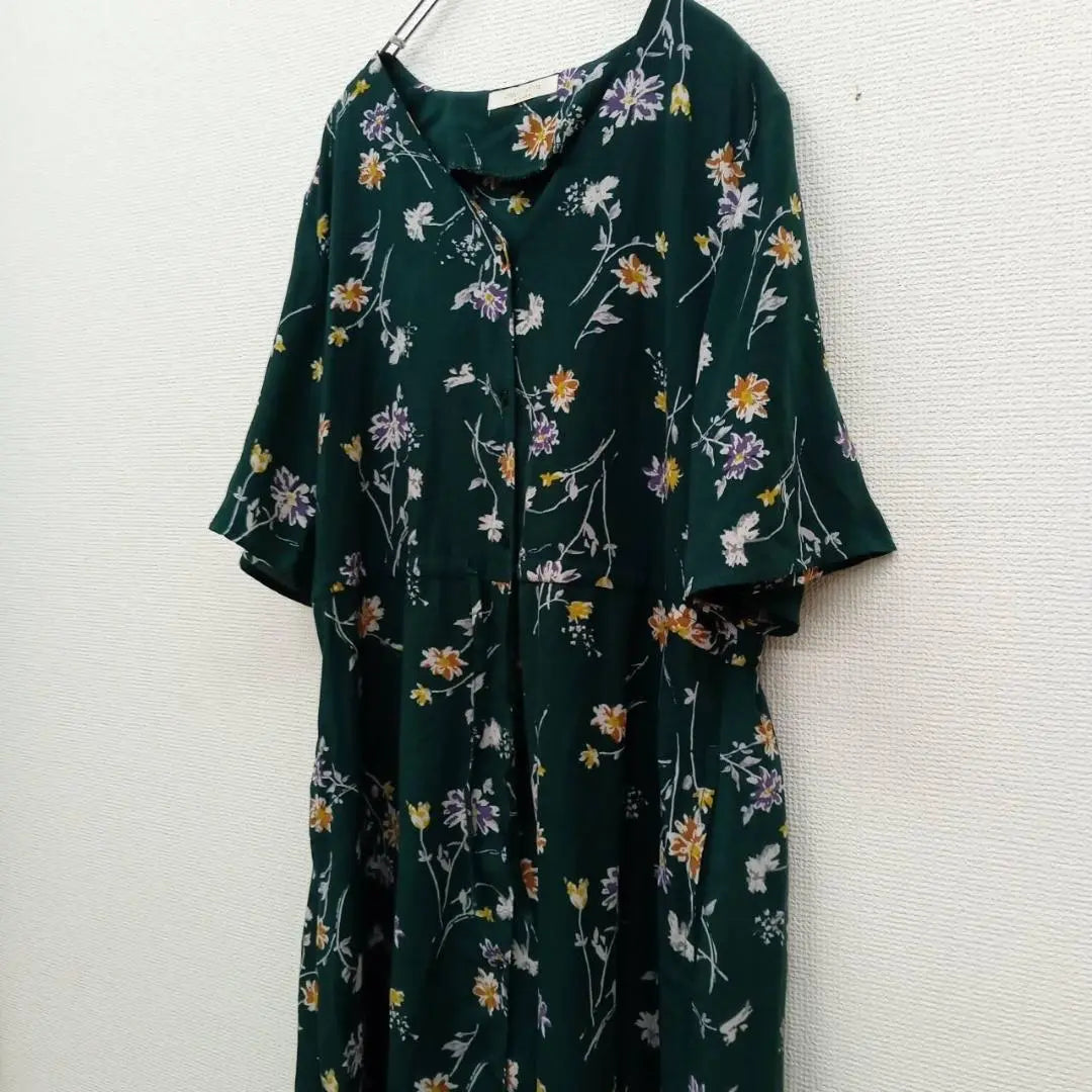 Chocolafine Robe (F) Long Flare dress * Flower pattern total pattern * Shirt dress * Green