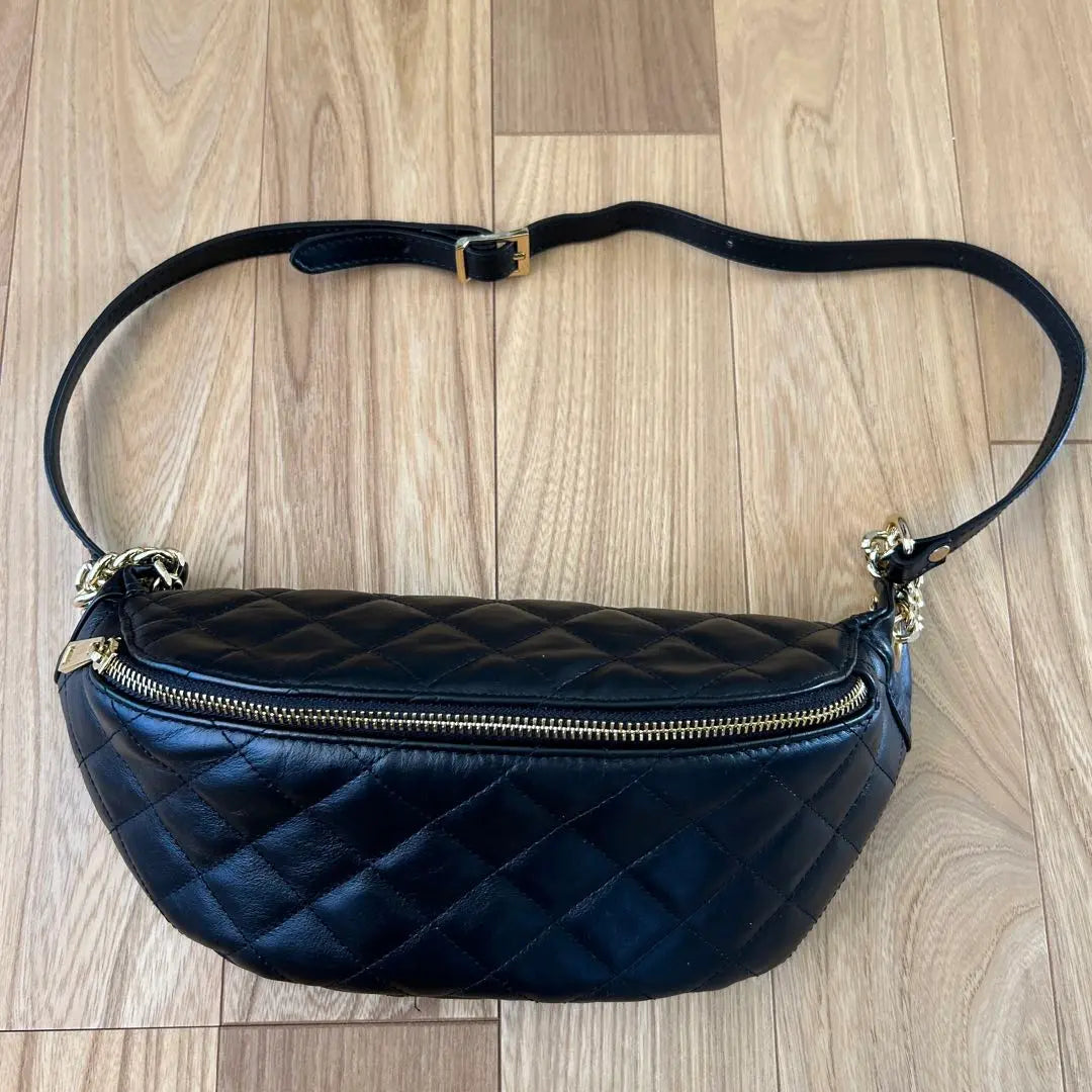 Black Leather Body Bag Quilted Design Approx. 30cm