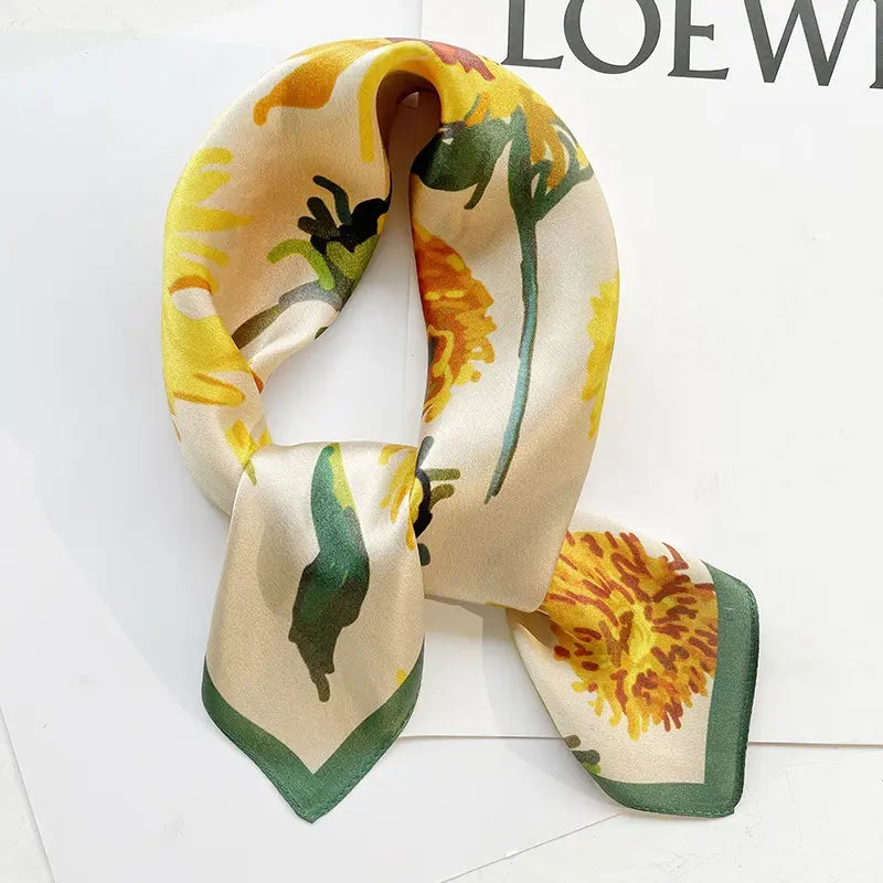 Green Sunflower Women's Yellow Satin Silk Style Beige Large Scarf