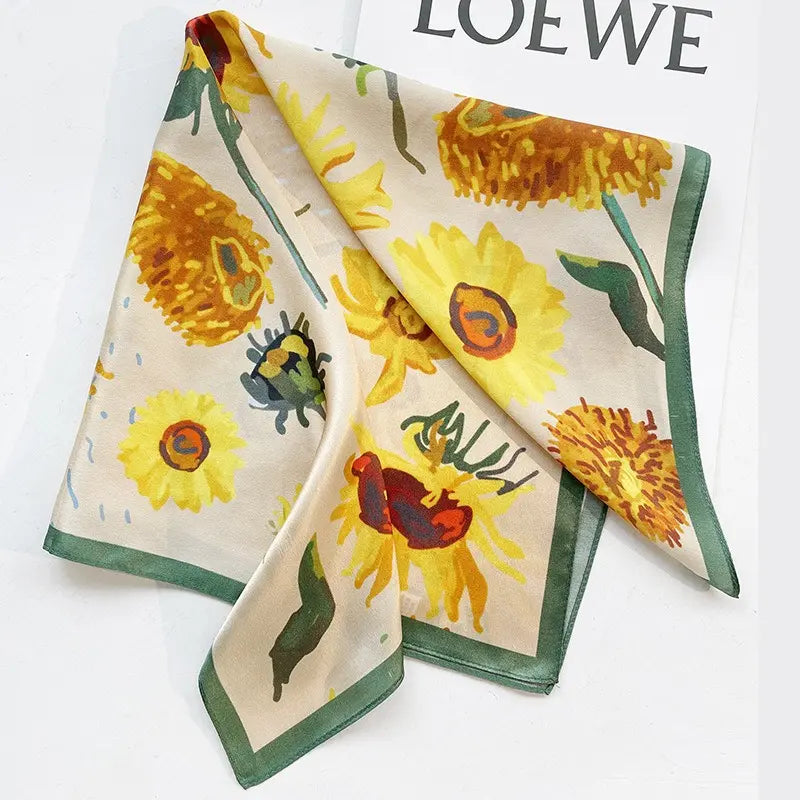 Green Sunflower Women's Yellow Satin Silk Style Beige Large Scarf