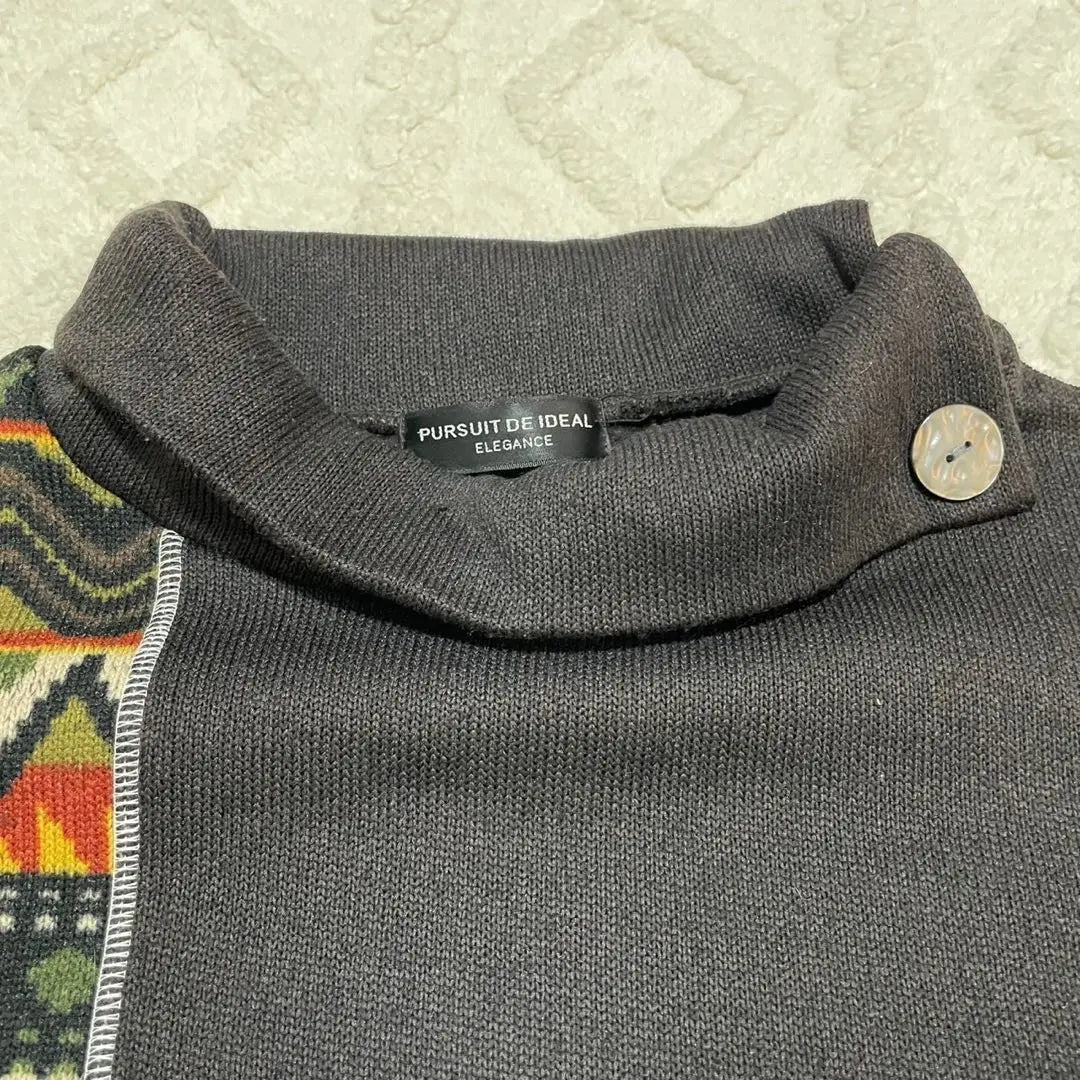 Knit sweater, brown, short sleeves, pockets, high neck, ladies